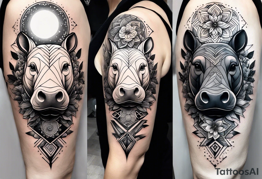 Very asymmetrical, +geometric pattern, with realistic full moon, with hippo at side look, +tribal, +geometric, +inkart , +blackwork, +grey scale, + sketch
with wintersweet flower bud, +inkart touch, tattoo idea
