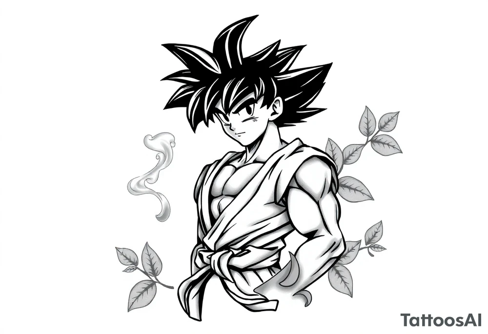 Tattoo design of Son Goku with smoke flowing through his body, surrounded by leaves in negative space effect, featuring soft shading around the edges and dotwork shading inside, with multiple contrast levels throughout. Highly detailed, intricate design with dynamic composition, emphasizing the interaction between the smoke and character, with the negative space leaves creating depth and balance. Professional tattoo art style with clean lines and sophisticated shading techniques. tattoo idea