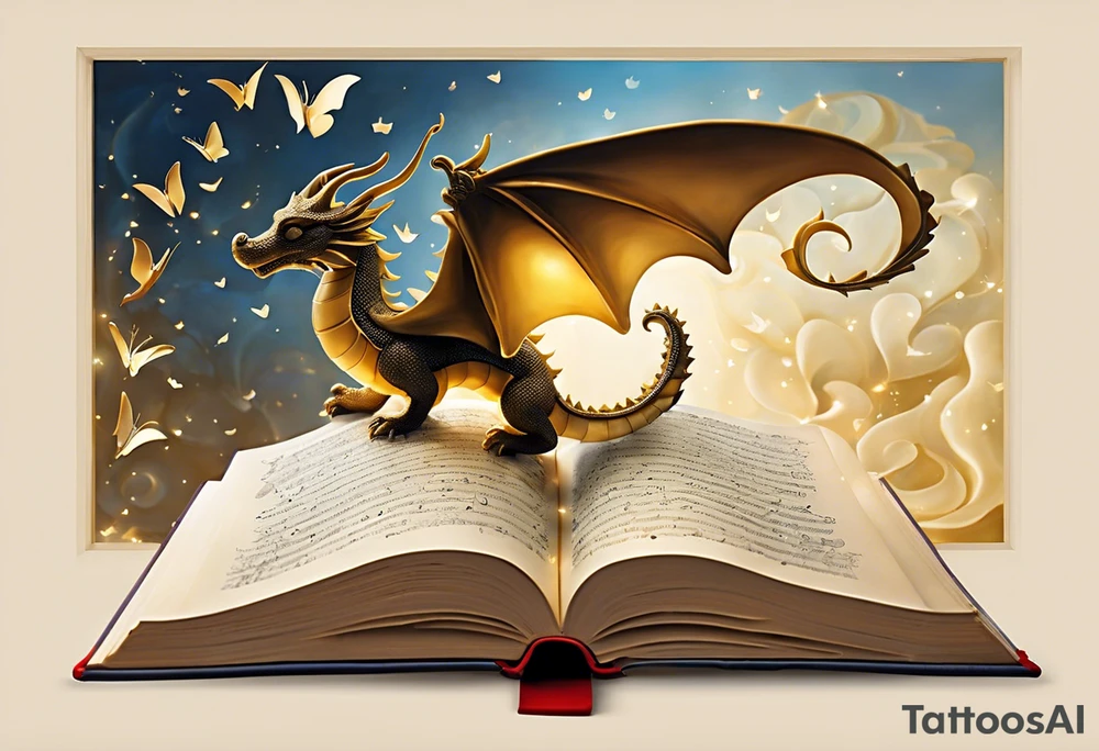 a whimsical open book with pages that appear to flutter, as if caught in a gentle breeze. Above the book, a delicate small dragon silhouette, playfully spirals in the air. To the right, a pawn chess piece stands proudly. Just above, a singular, swirling music note dances, emanating a sense of melody and rhythm. On the left corner of the book, a majestic raven, cloaked in midnight hues, gazes contemplatively, feathers ruffled by an unseen wind. Below, a vibrant cluster of lavender flowers blooms, with a charming bumblebee hovering nearby tattoo idea