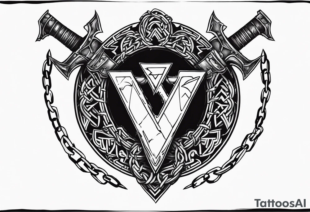 Valhalla sword shield axe barbed wire chains valknut tattoo idea