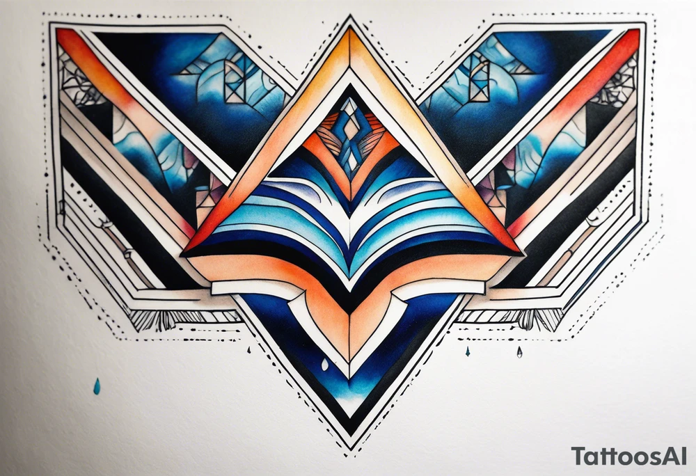semi Detailed neo traditional knee tattoo flat on paper. The tattoo features geometric patterns and bold lines, creating a visually striking design with slight tints of deep fall colors. The background 
outside the tattoo features deep blues washes and water swirls tattoo idea