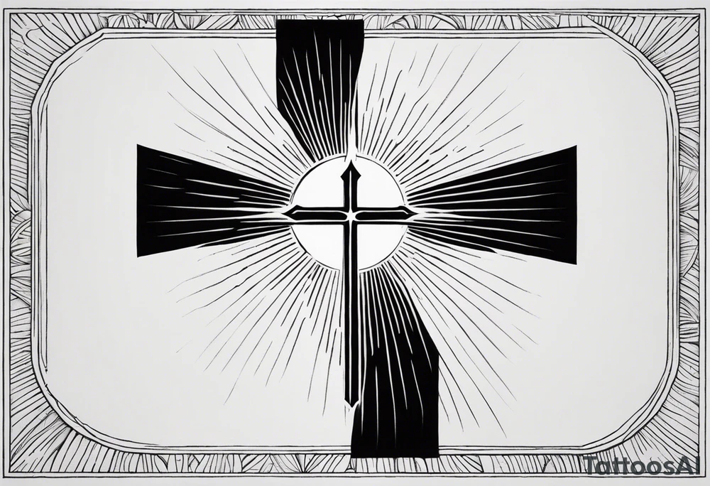 Tattoo: A refined cross with a soft halo on top of it, symbolizing light and spirituality. Delicate rays extend outward from the halo, adding a subtle glow and depth. The cross itself is simple and elegant, with potential for small, intricate line details within the design. tattoo idea