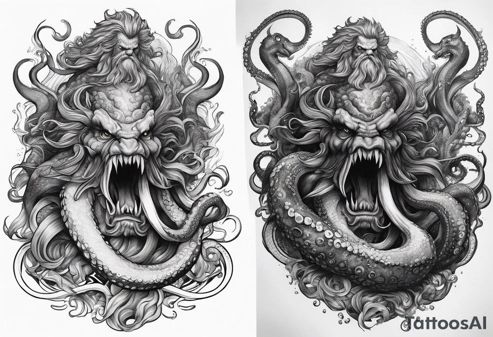 Poseidon battling octopus monster tattoo idea