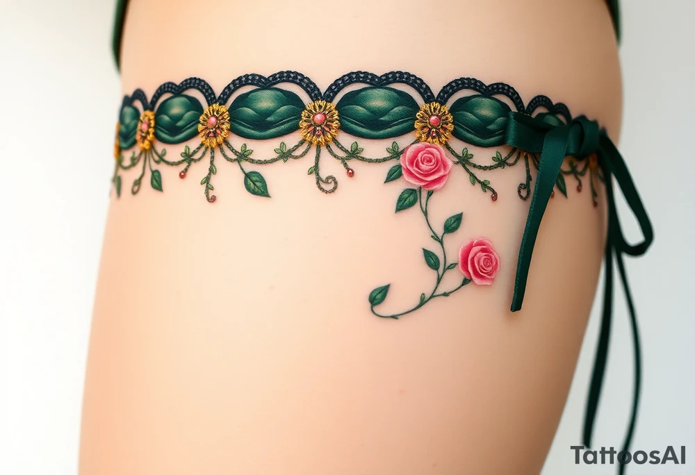 A Renaissance-style garter tattoo with dark forest green velvet, with baroque-inspired gold accents and tiny intricate roses tattoo idea