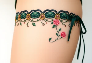 A Renaissance-style garter tattoo with dark forest green velvet, with baroque-inspired gold accents and tiny intricate roses tattoo idea