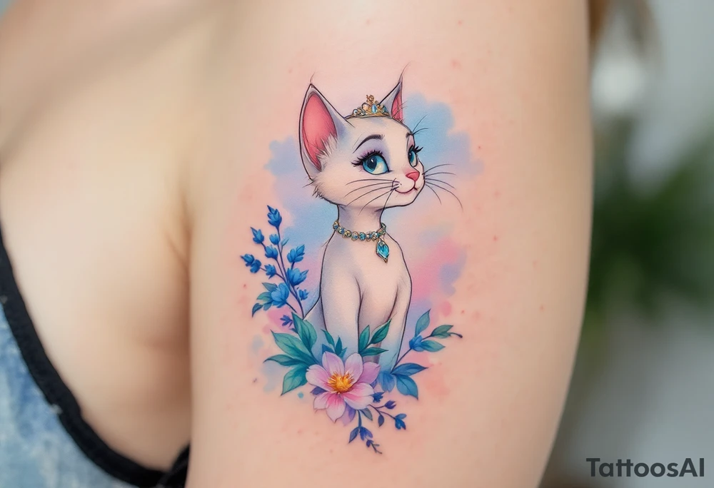 A delicate pastel tattoo of Marie from The Aristocats adds a touch of feline elegance with girly Disney vibes. tattoo idea