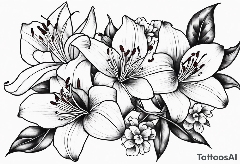 5 lilies and cherry blossom branch tattoo idea