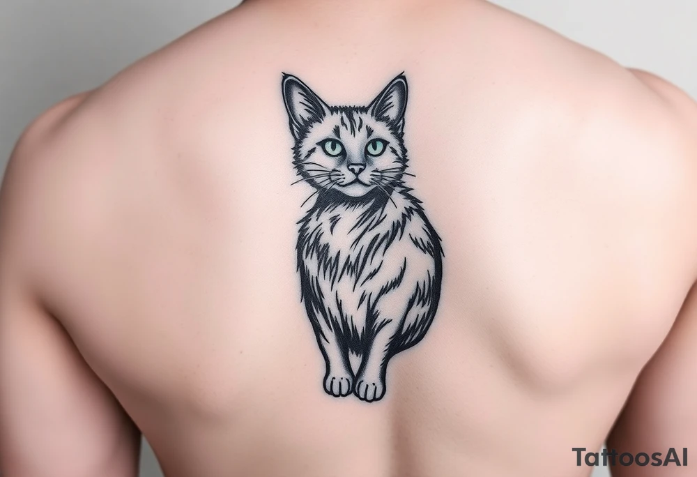 faça uma tatuagem vertical para costas feminina delicada, contendo gato preto, prosperidade, família, espiritualidade e amor tattoo idea