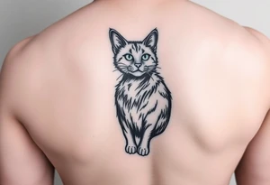 faça uma tatuagem vertical para costas feminina delicada, contendo gato preto, prosperidade, família, espiritualidade e amor tattoo idea