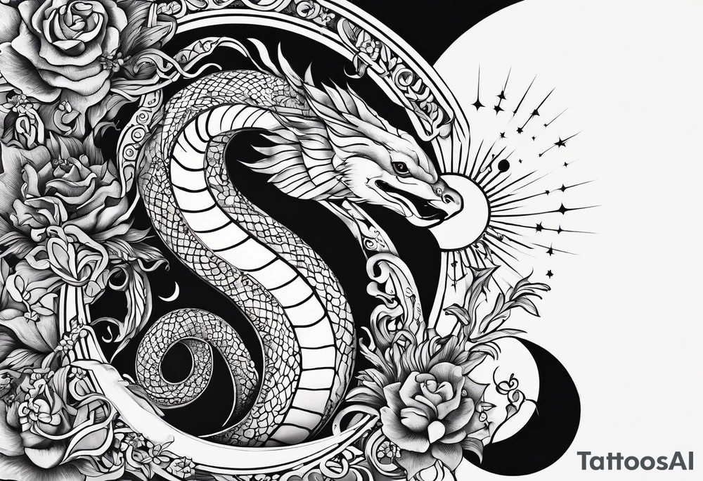 the sun and crescent moon are connected, the moon has a snake wrapped around it, the sun has a cardinal in it tattoo idea