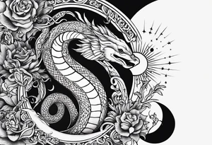 the sun and crescent moon are connected, the moon has a snake wrapped around it, the sun has a cardinal in it tattoo idea