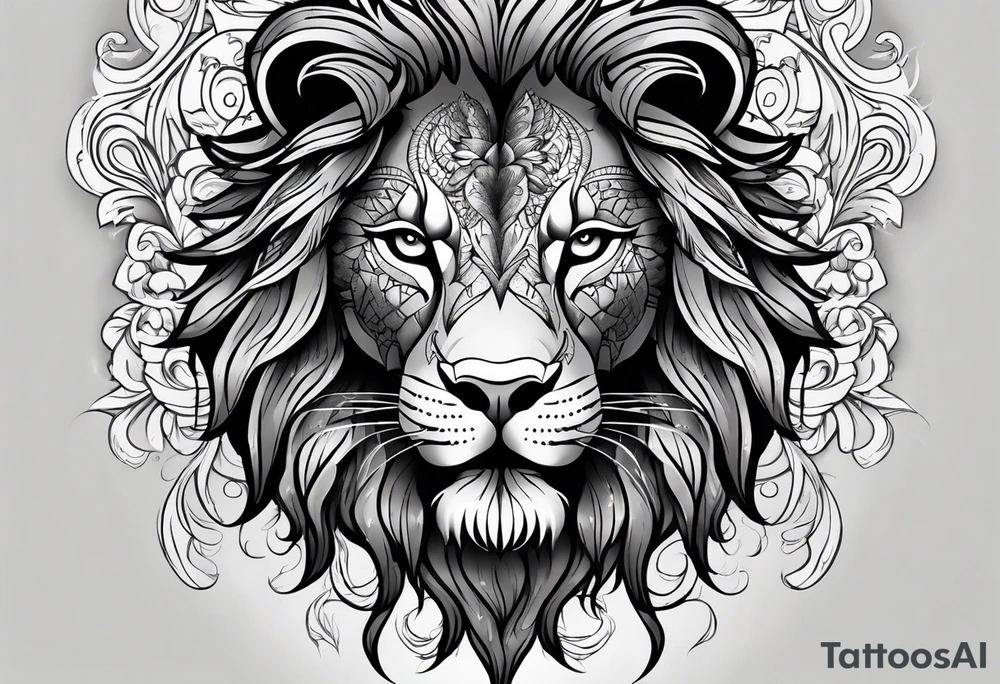 Half lion face ornate black and grey tattoo idea
