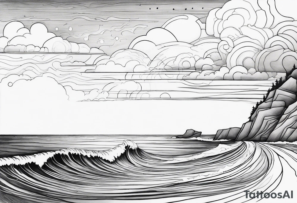 You're adding way too much. Please tone it back. Fine line, minimal sunset. Only Ocean and sunset in the image. Very calm waters with barely any waves. tattoo idea