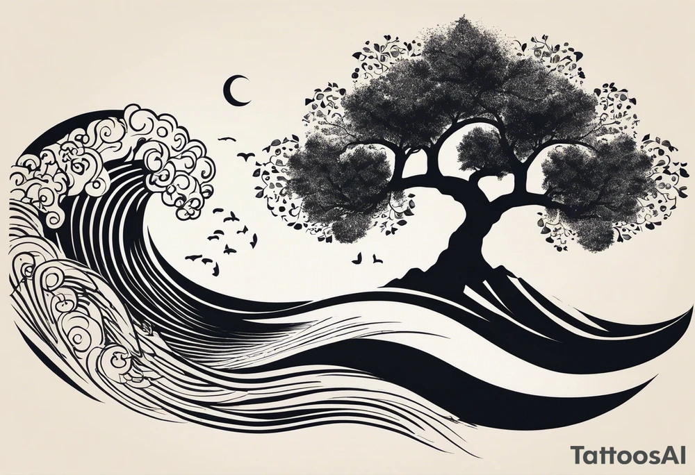 an abstract Tree of Life tattoo. It should have roots growing out of the bottom. The roots slowly turn into water from the Great Wave by Hokusai. A golf flag should be placed discreetly growing out of the ground. 2 license plate tags should be hanging from the tree. Place a few music notes in the areas the leaves should be. The letters A U should be engraved into the tree trunk in a heart. tattoo idea