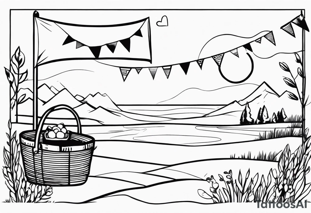Very light and minimalstic picnic scene in nature. A blanket, picnic-basket with lid, pillows and pennants. Thin lines. tattoo idea
