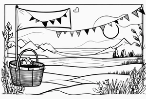 Very light and minimalstic picnic scene in nature. A blanket, picnic-basket with lid, pillows and pennants. Thin lines. tattoo idea