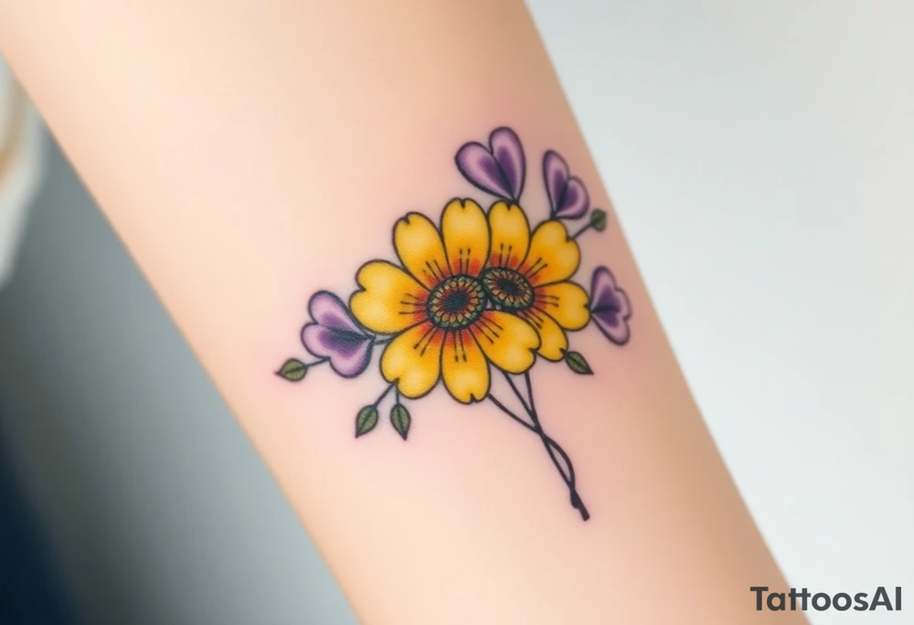 Yellow daisy & Purple Hearts tattoo idea