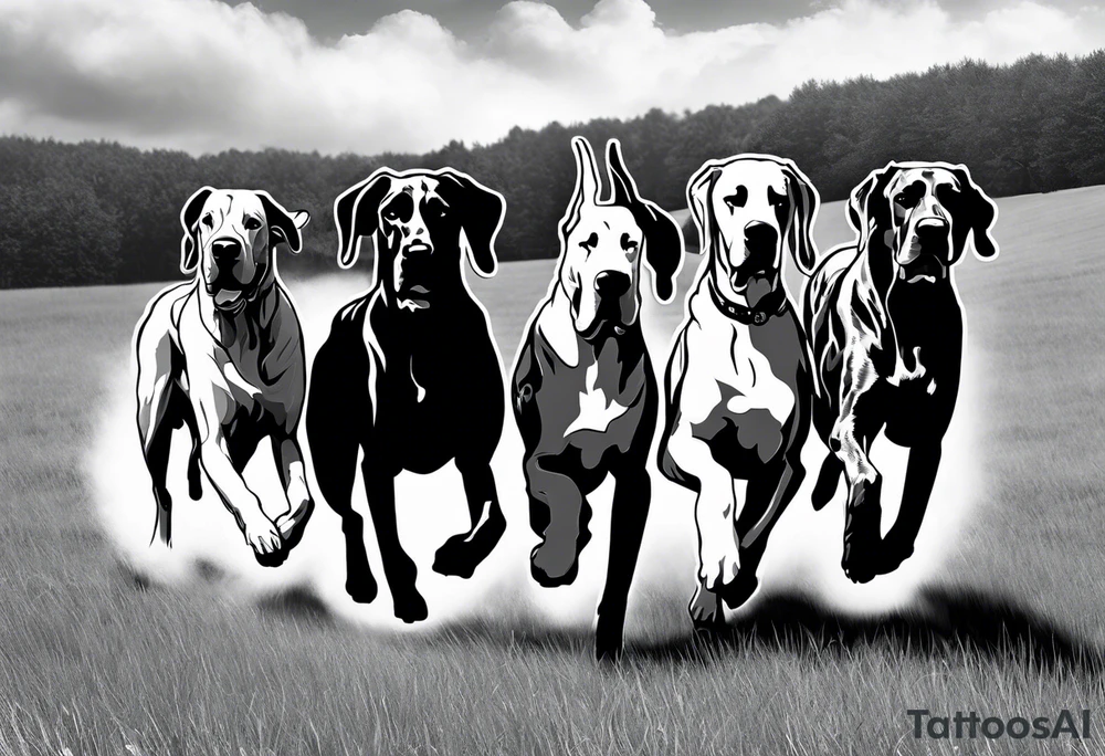 full arm sleeve on guy with (4) Four Great Dane floppy ear dogs running together in the field along with other fill work tattoo idea