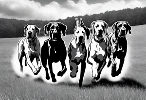 full arm sleeve on guy with (4) Four Great Dane floppy ear dogs running together in the field along with other fill work tattoo idea