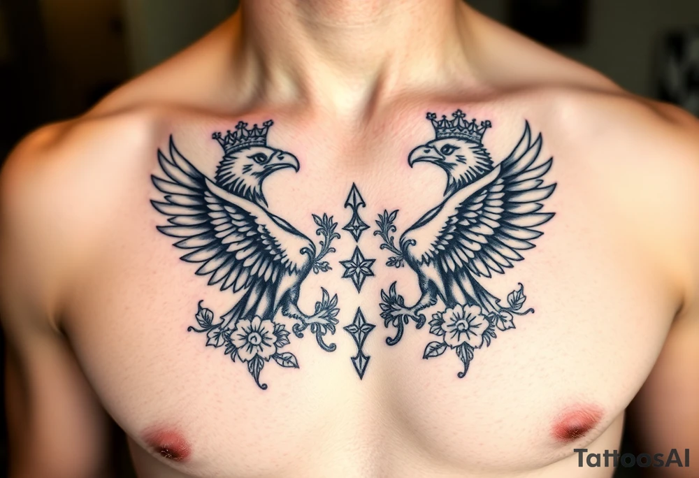 Chest tattoo,powerful two symetrical majestic eagles with a crowns, surrounded by floral ornaments and lure tattoo idea