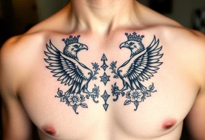 Chest tattoo,powerful two symetrical majestic eagles with a crowns, surrounded by floral ornaments and lure tattoo idea