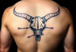 Long horn scull wrapped in barbed wire tattoo idea