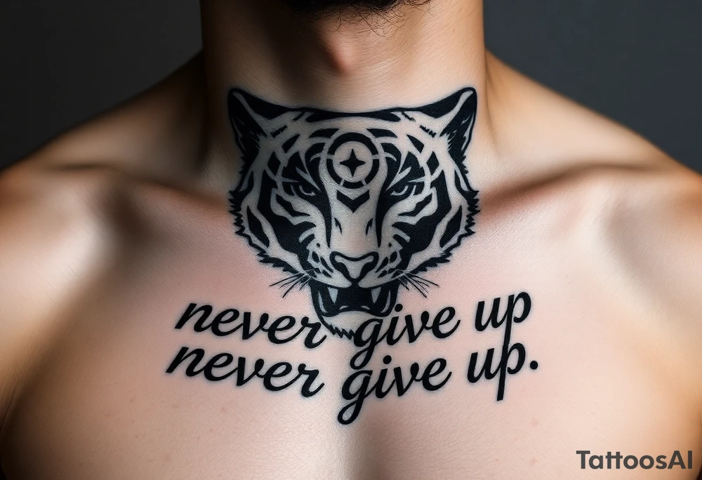 A black panter white text never give up in runes. On the collarbone tattoo idea