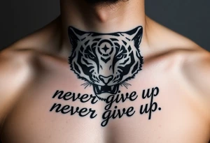 A black panter white text never give up in runes. On the collarbone tattoo idea