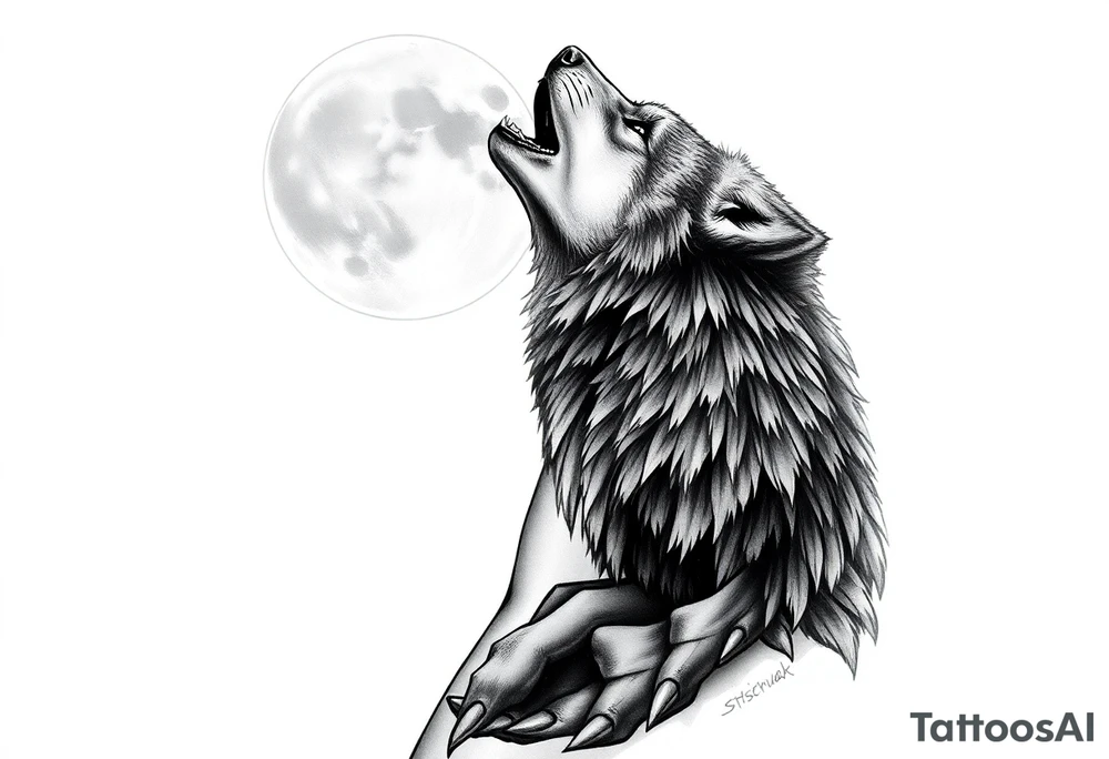 lone wolf howling at full moon with northern lights backdrop tattoo idea