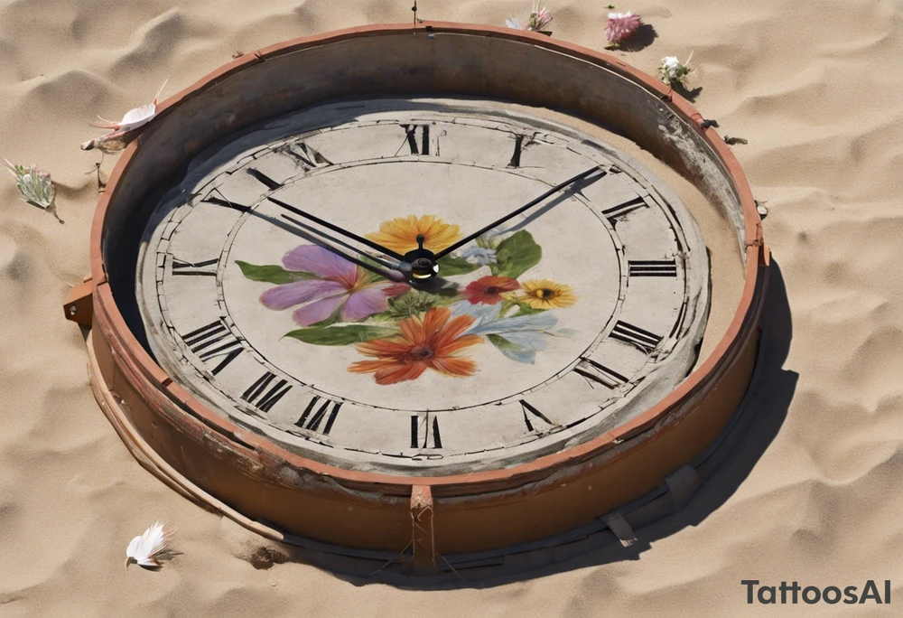 un reloj de arena que dentro de él habrá un barco enterrado en la arena, y al pie del reloj habrán flores. Bajo las flores habrá un papelito que diga "Atiny" y de él saldrán enredaderas con hojas pequeñas encerrando el reloj y arriba cerrará con un papelito que diga "Star1117" tattoo idea