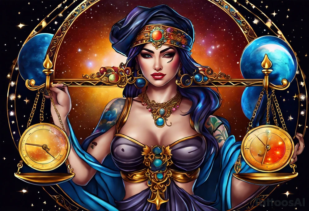 Beautiful woman blindfolded holding the libra scales, in the background is the libra constellation with a halfmoon surrounding half of the woman. The scales hang from the bottom of the half moon. Vibrant colors intensify the picture tattoo idea