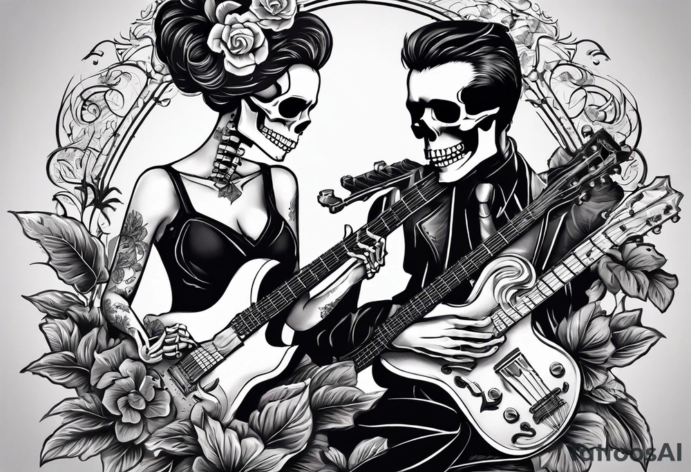 a male and a female skeleton. The male skeleton is playing the guitar. The female skeleton has a hibiscus flower. tattoo idea