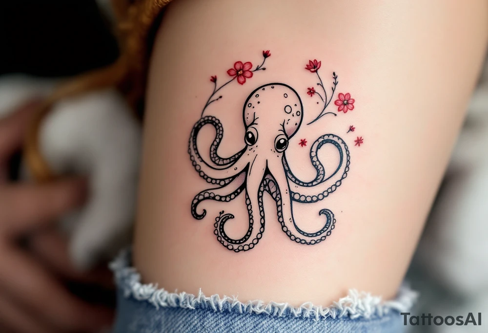 A small realistic black and grey tattoo of an octopus, cute, with detailed shading and soft linework, showing the octopus with swirling tentacles, on light skin. ornamental flowers around with red ink. The style is minimalistic and elegant, resembling fine-line tattoo with a shadow tattoo idea
