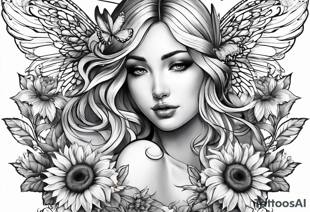 Sleeve with angel wings, sunflower and butterfly tattoo idea