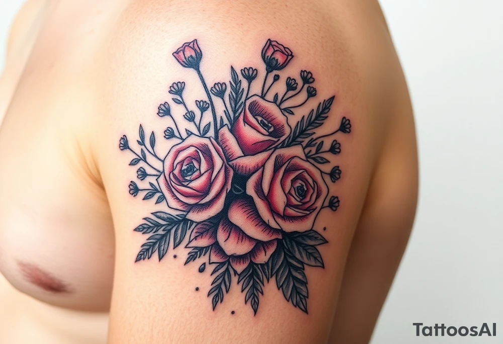 vintage bouquet of wild roses and meadow flowers with morning dew tattoo idea