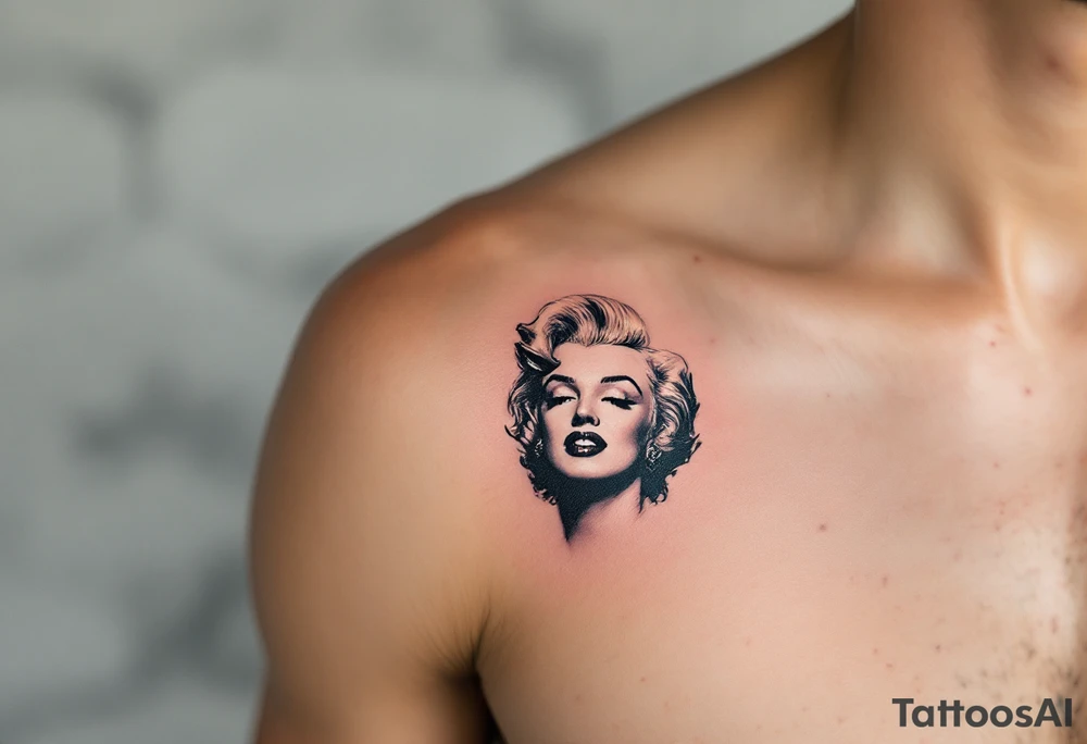 A side-profile portrait of Marilyn in faded black ink with soft blush undertones and golden highlights in her hair. tattoo idea