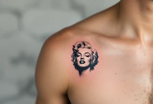 A side-profile portrait of Marilyn in faded black ink with soft blush undertones and golden highlights in her hair. tattoo idea