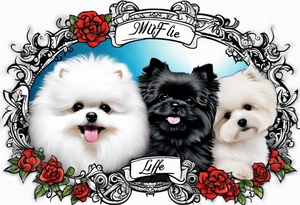 A white Bichon frise with a black pomeranian and a black doodle with the words “MFer 4 Life” tattoo idea