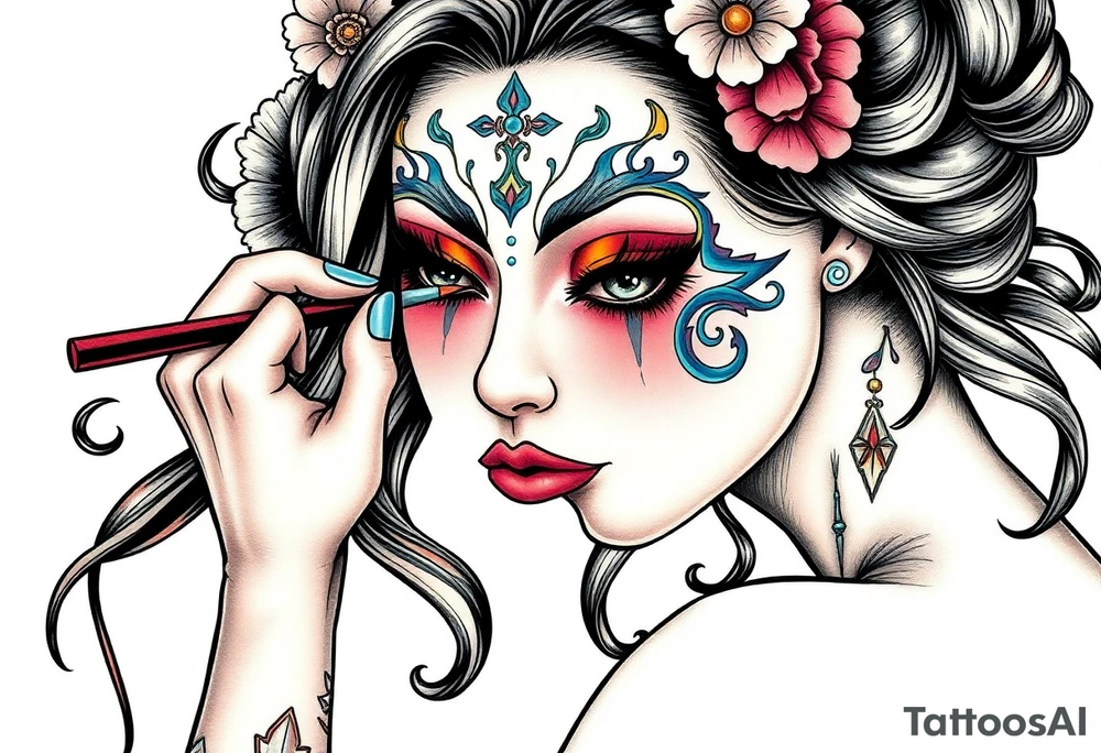 Young woman putting ritual make up on tattoo idea