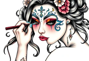 Young woman putting ritual make up on tattoo idea