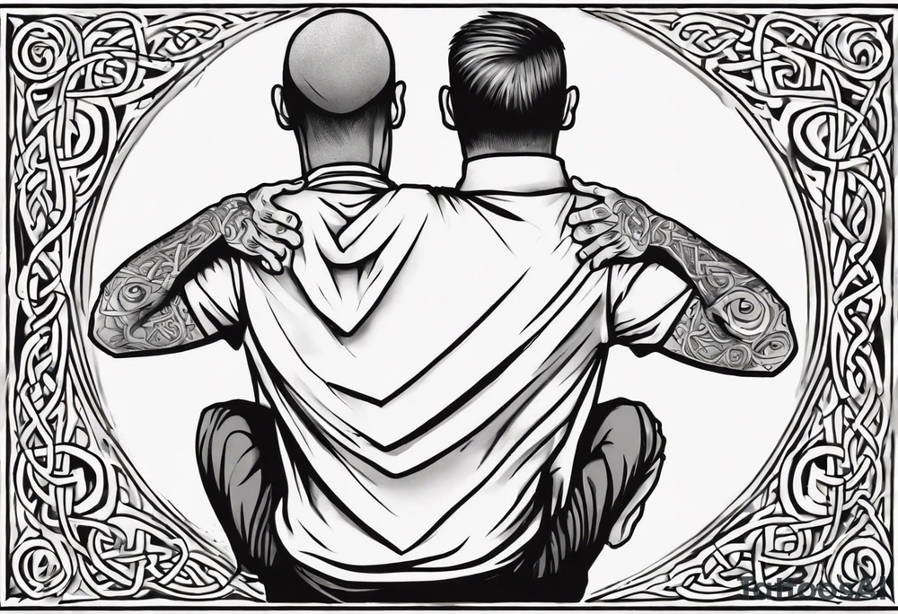 a father with his son on his shoulders from behind. A subtle design on their backs of celtic music. tattoo idea