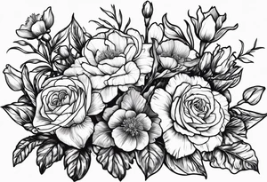 Carnation,rose,daffodil,waterlilly,gladiolus,morning glory,marigold,holly,daisy bouquet tattoo idea
