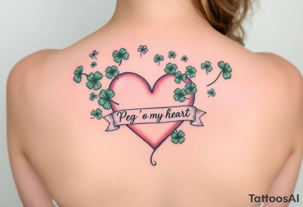 A ton of green shamrocks together with a big pale pink heart with a banner across the heart that says Peg 'o My Heart tattoo idea