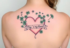 A ton of green shamrocks together with a big pale pink heart with a banner across the heart that says Peg 'o My Heart tattoo idea