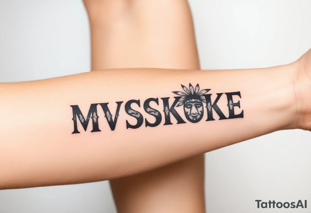The word “MVSKOKE” shaded with Native American print tattoo idea