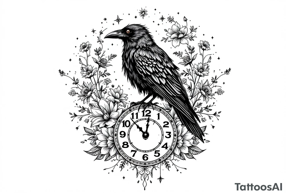 mandala black raven surrounded by flowers standing on a clock face tattoo idea