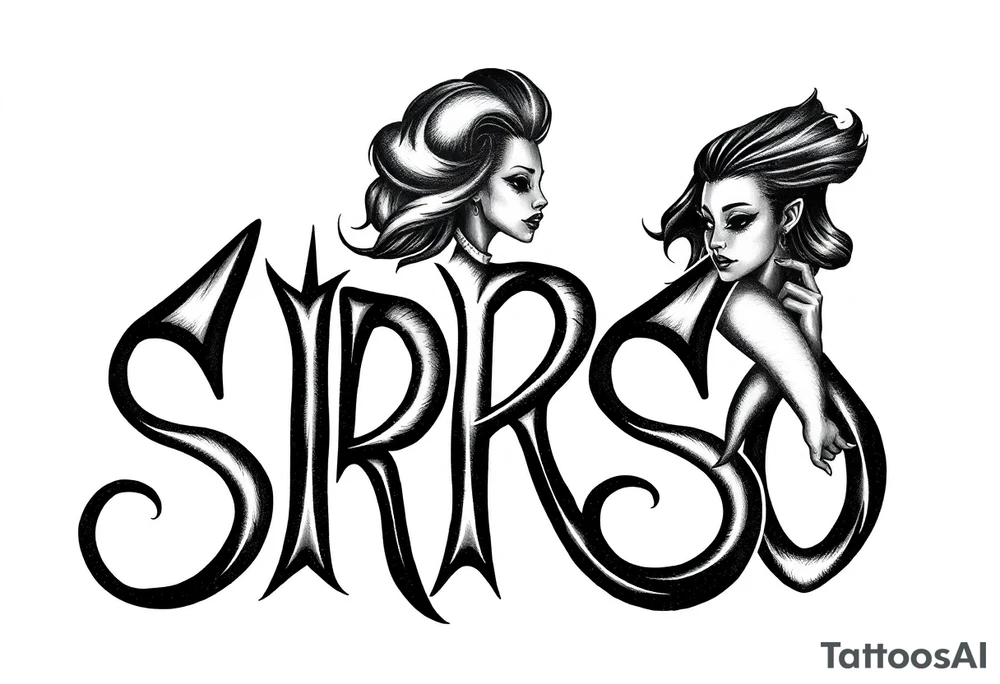 Abstract Tribal font saying “SIRISO” with all letters close together and the S in SIRISO connected to the O and a silloute of a sexy black  woman in the shape of the words tattoo idea