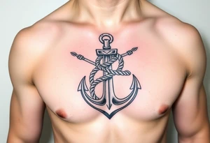 weathered anchor wrapped in nautical rope with sea waves tattoo idea