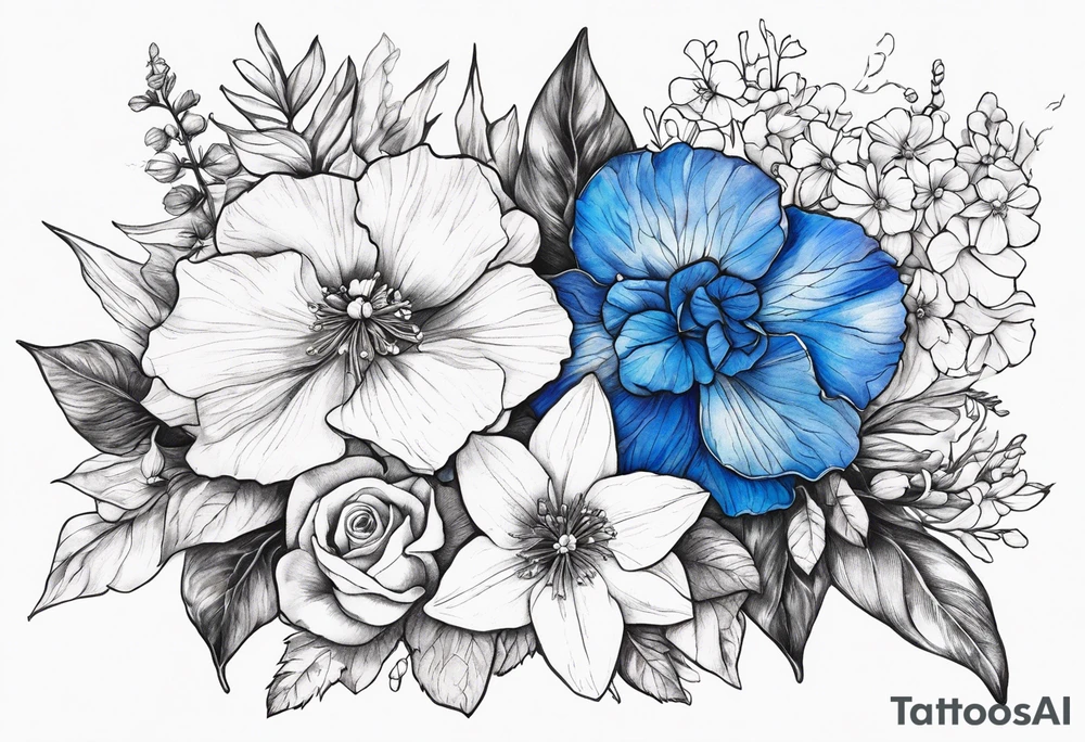 Floral Bouquet with blue hydrangea, Gladiolus, Poppy, Daisy, Sweet Pea, Narcissus, Poinsettia, and Holly with Asher & Emmersyn written in it tattoo idea