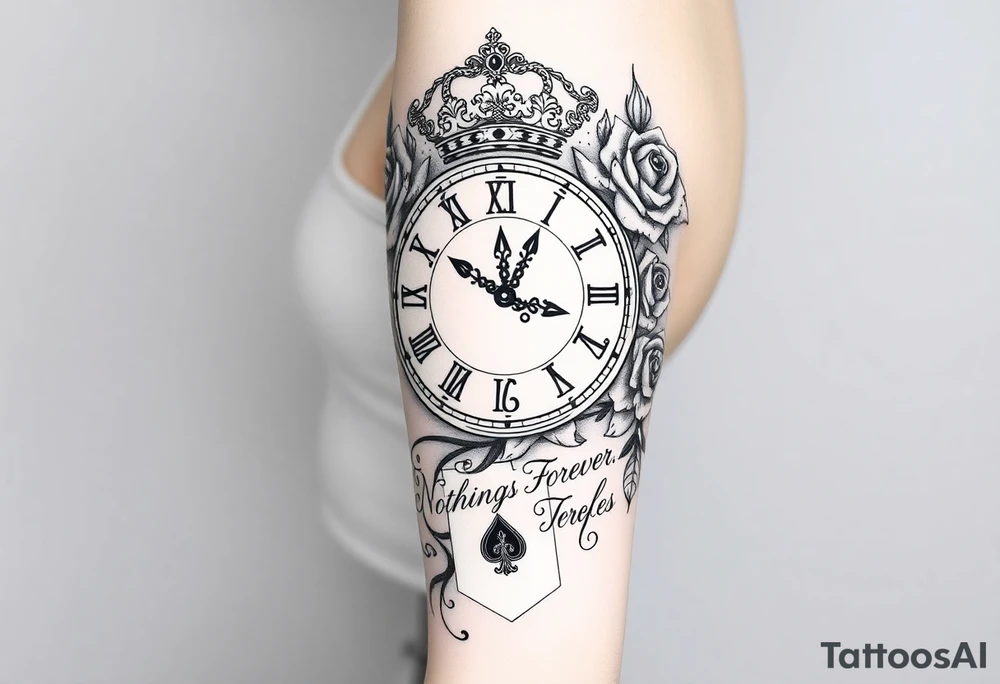 Roman clock with roses and a crown,  a quote that says nothings forever. and on the bottom a deck of cards tattoo idea